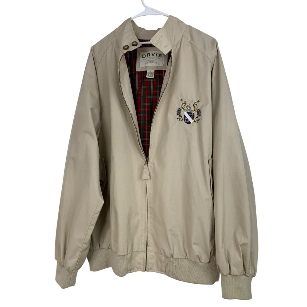 VTG 80s ORVIS Mens XL Jacket Tan With Plaid Lining Full Zip Bomber RR10266 EUC
